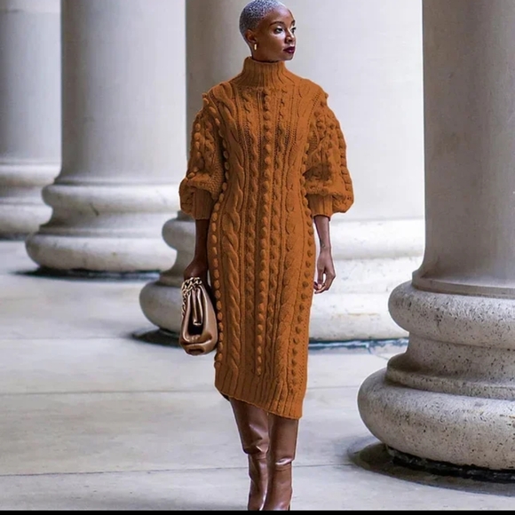 Autumn Women Long Sleeve Turtleneck Knitted Dress - Picture 4 of 8